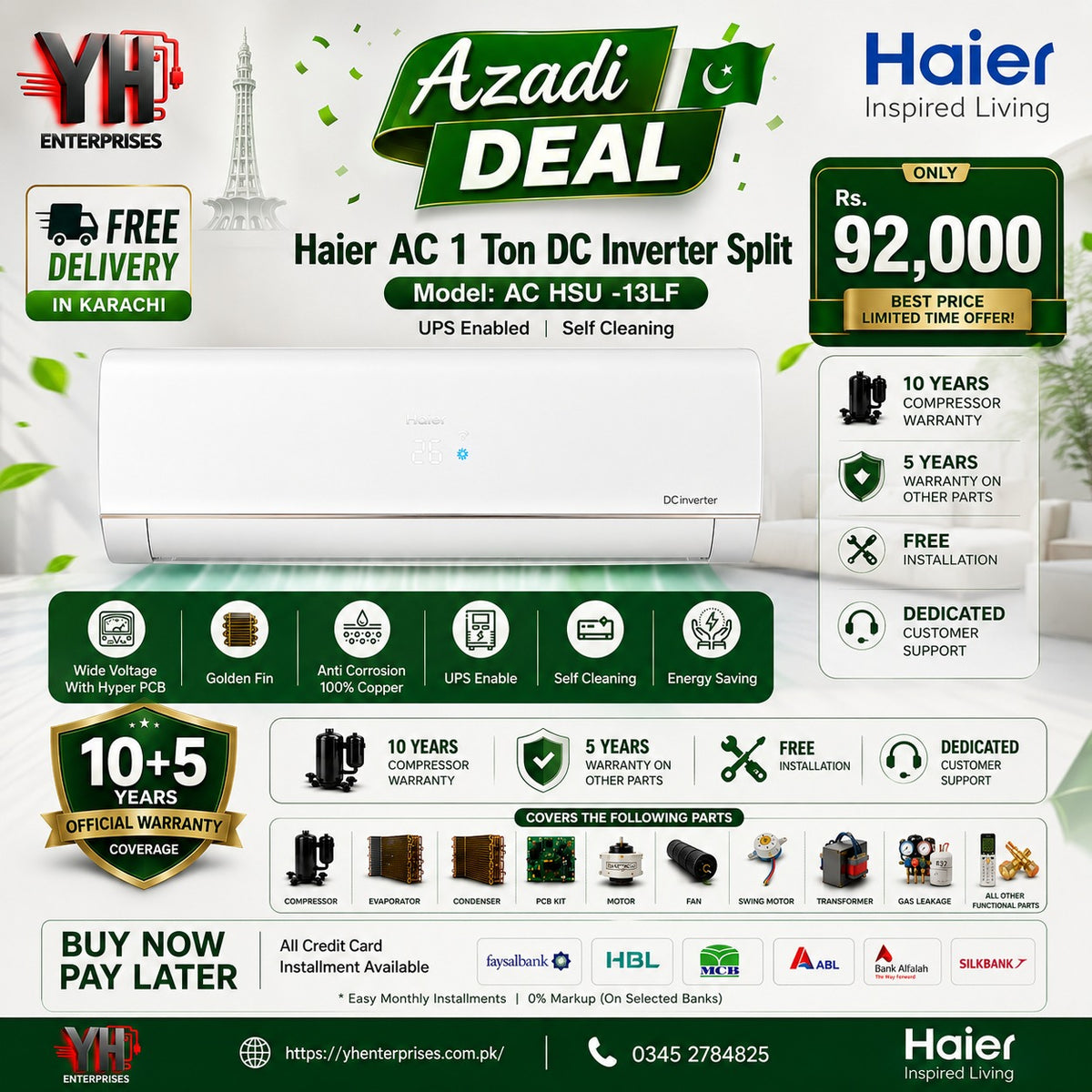 Haier HSU-13LF-PRIME/023DC(W) 1 Ton DC Inverter AC – Smart Cooling & Maximum Energy Savings