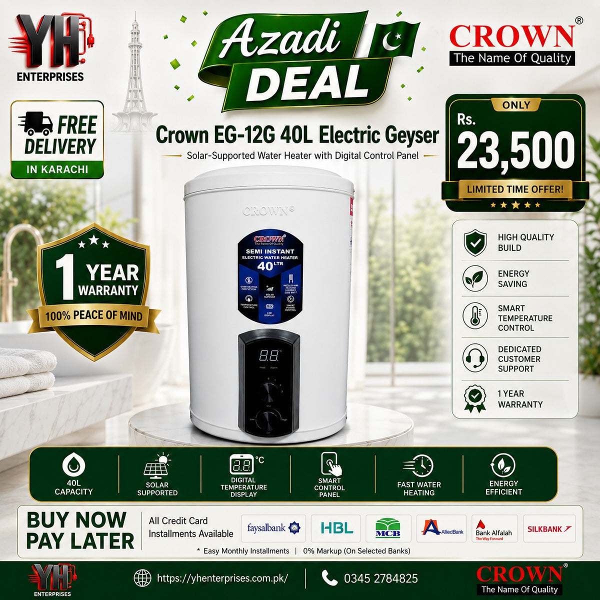 Crown EG-12G 40L Digital Electric Geyser – Inverter Series | New Arrival