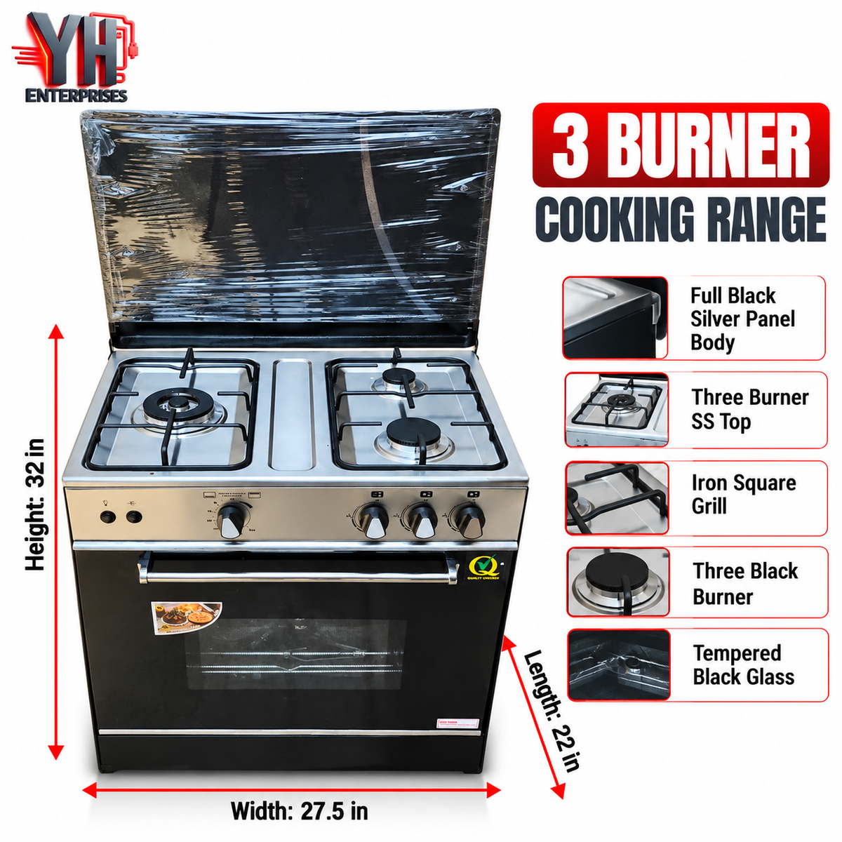 3 Burner Cooking Range with Stainless Steel Top, Full Black Body with Silver Panel, Iron Square Grill, Three Black Burners and Tempered Black Glass Oven Door – YH Enterprises