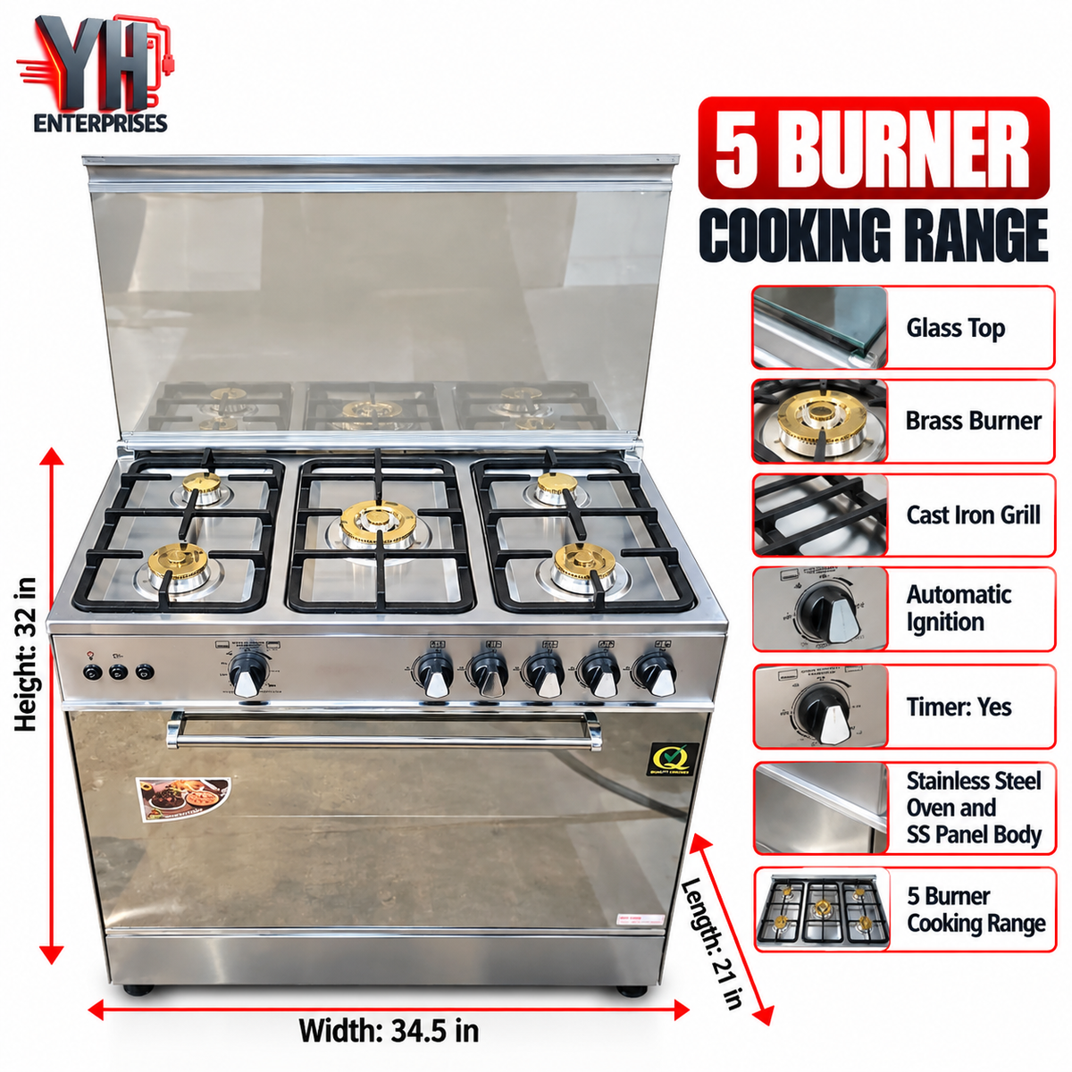 5 Burner Glass Top Cooking Range with Stainless Steel Oven and Panel, Brass Burners, Cast Iron Grill, Automatic Ignition and Timer – YH Enterprises