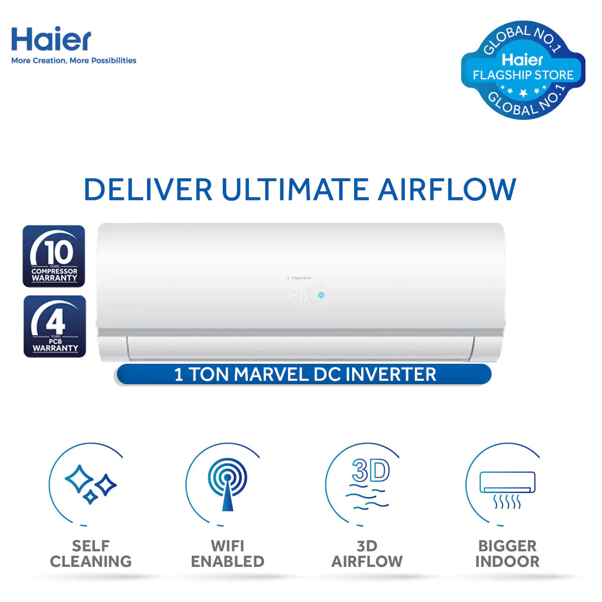 Haier 1 Ton Marvel Inverter Marvel Series 12 HFM Heat & Cool WiFi Smart Turbo Cooling UPS Enabled With 10 Years Official Warranty.