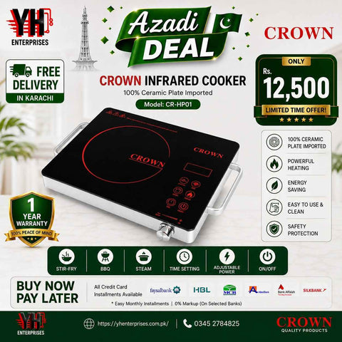 Crown CR-HP01 Infrared Electric Cooker – Powerful, Stylish & Easy Cooking