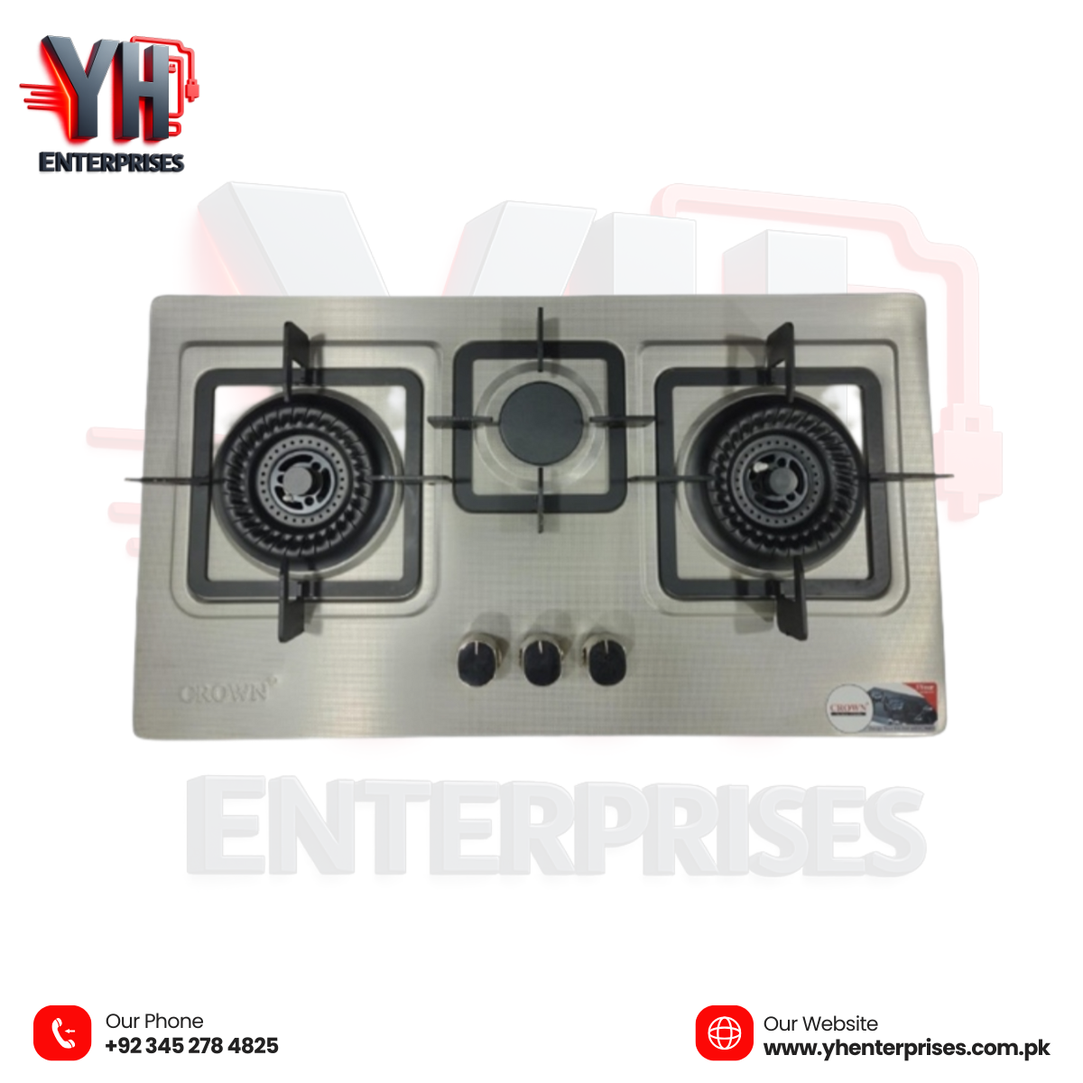 Crown CR-18S Built-In Gas Hob (3 Burner) - YH Enterprises