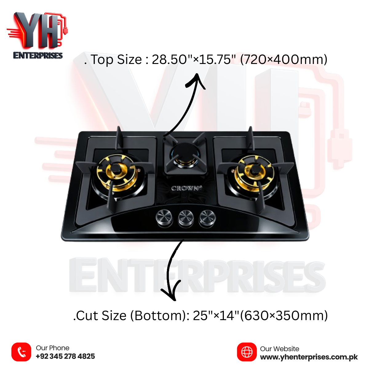 Crown CR-15B Built-In Gas Hob – 3 Burner Stainless Steel Cooktop for Modern Kitchens