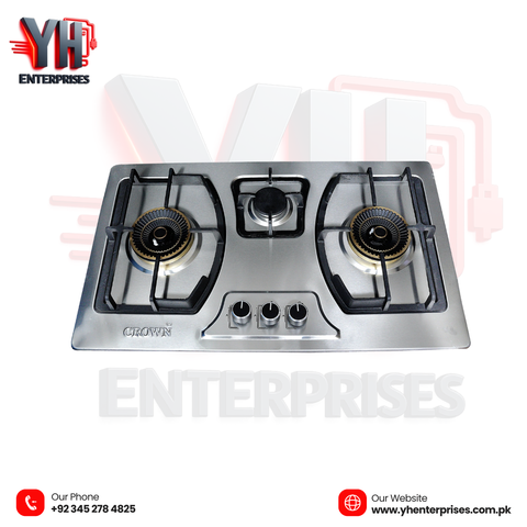 Crown CR-3111S Built-In Gas Hob – 3 Burner Stainless Steel Cooktop with Auto Ignition