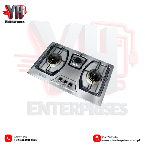 Crown CR-3111S Built-In Gas Hob – 3 Burner Stainless Steel Cooktop with Auto Ignition