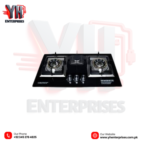 Crown CR-16G Built-In Gas Hob – 3 Burner Tempered Glass Cooktop with Auto Ignition