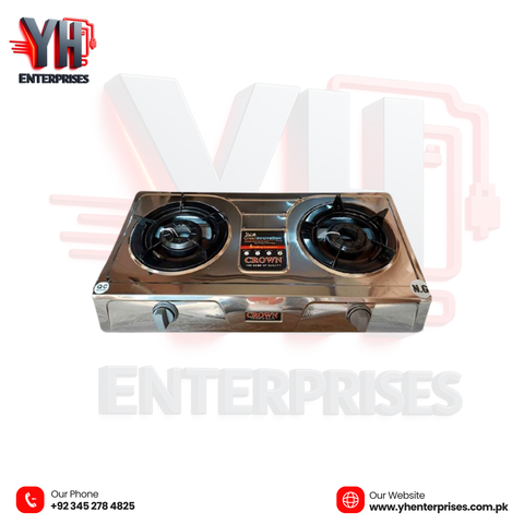 Crown CR-D400 Gas & LPG Stove – 2 Burner Portable Gas Cooktop Stainless Steel Body | Auto Ignition | Brand Warranty