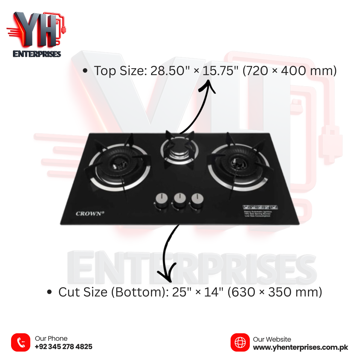 Crown CR-21G Built-In Gas Hob – 3 Burner Tempered Glass Cooktop with Auto Ignition