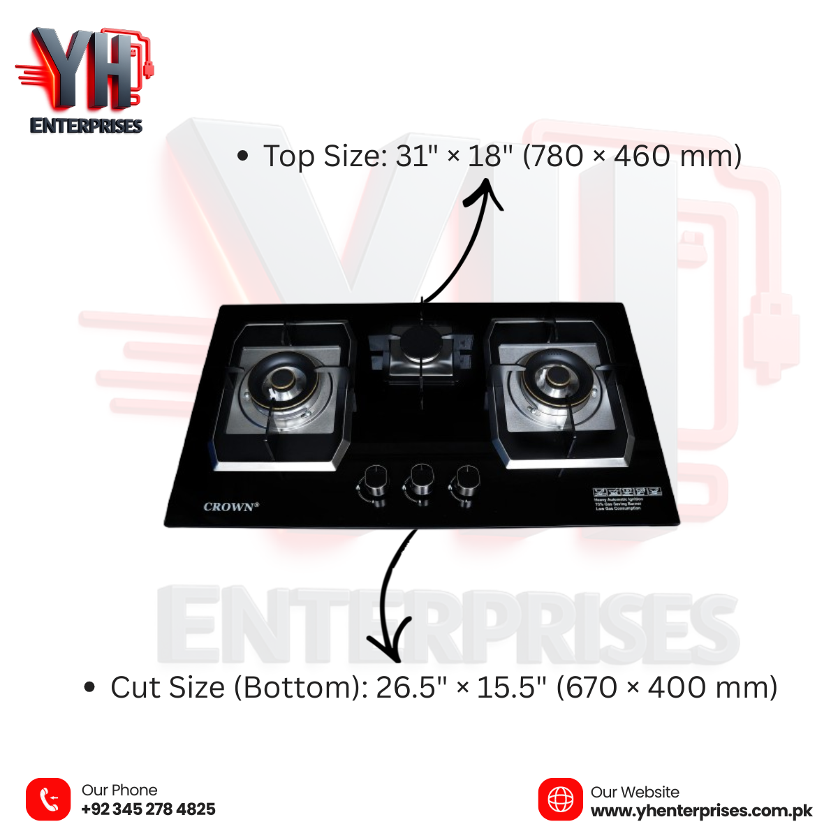 Crown CR-19G Built-In Gas Hob – 3 Burner Tempered Glass Cooktop with Auto Ignition | 1-Year Brand Warranty