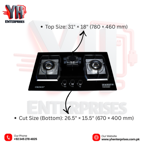 Crown CR-19G Built-In Gas Hob – 3 Burner Tempered Glass Cooktop with Auto Ignition | 1-Year Brand Warranty