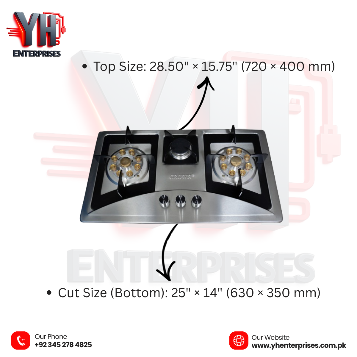 Crown CR-15S Built-In Gas Hob – 3 Burner Stainless Steel Cooktop for Modern Kitchens