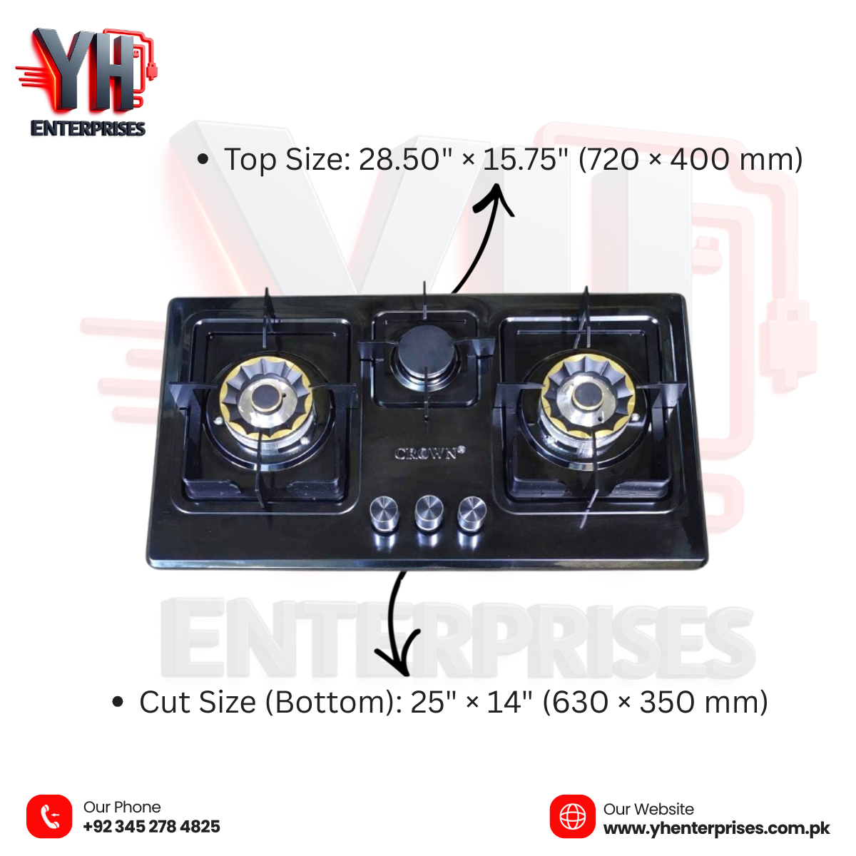 Crown CR-13B Built-In Gas Hob – 3 Burner Stainless Steel Cooktop with Copper Valve | 1 Year Brand Warranty