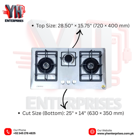 Crown CR-11S Built-In Gas Hob – 2 Burner Stainless Steel Cooktop for Compact Kitchens