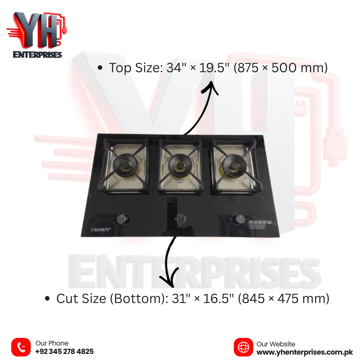 Crown CR-3115G Built-In Gas Hob – 3 Burner Tempered Glass Cooktop for Modern Kitchens