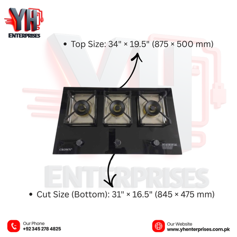 Crown CR-3115G Built-In Gas Hob – 3 Burner Tempered Glass Cooktop for Modern Kitchens