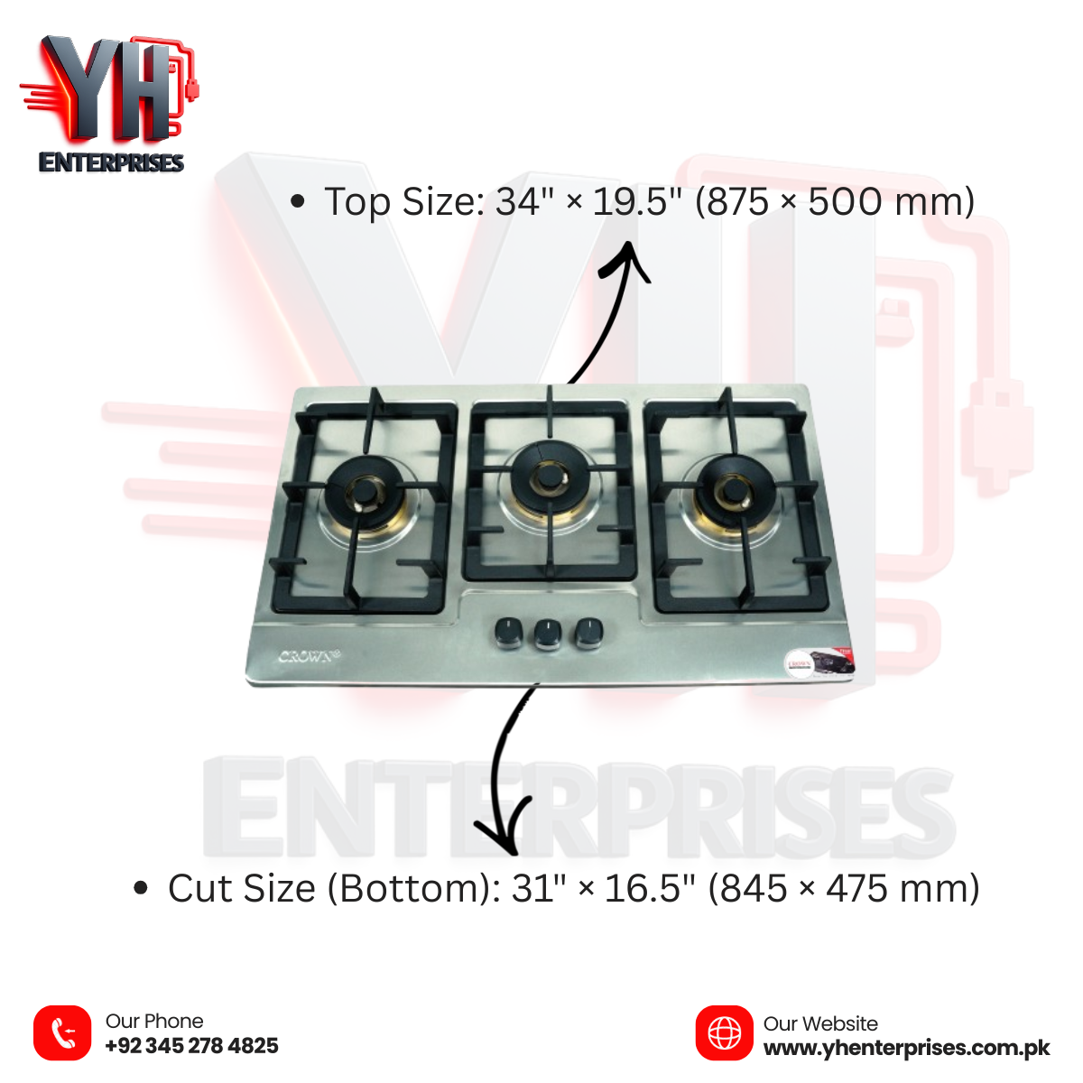 Crown CR-3113 Built-In Gas Hob – 3 Burner Stainless Steel Cooktop with Auto Ignition