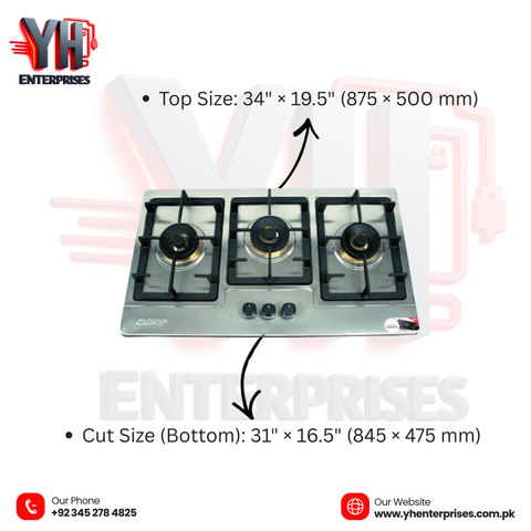 Crown CR-3113 Built-In Gas Hob – 3 Burner Stainless Steel Cooktop with Auto Ignition