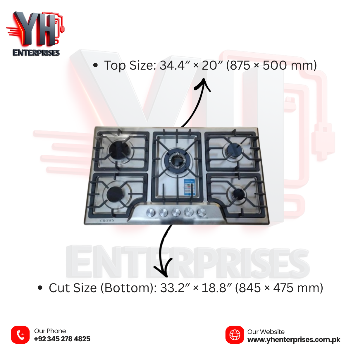 Crown CR-1A Built-In Gas Hob – 5-Burner Compact Stainless Steel Cooktop for Small Kitchens