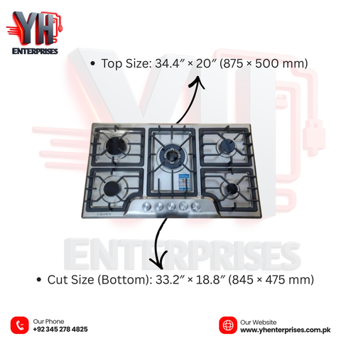 Crown CR-1A Built-In Gas Hob – 5-Burner Compact Stainless Steel Cooktop for Small Kitchens