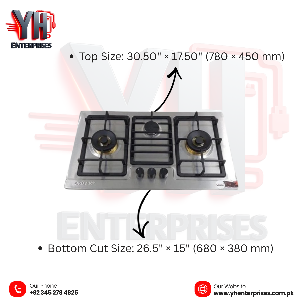 Crown CR-3114 Built-In Gas Hob – 3 Burner Stainless Steel Cooktop with Auto Ignition