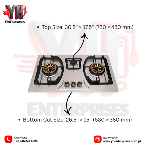 Crown CR-3111S Built-In Gas Hob – 3 Burner Stainless Steel Cooktop with Auto Ignition