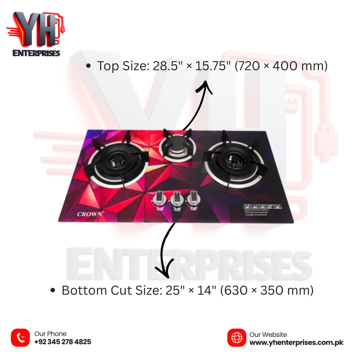 Crown CR-23G Built-In Gas Hob – 3 Burner Glass Cooktop with Auto Ignition