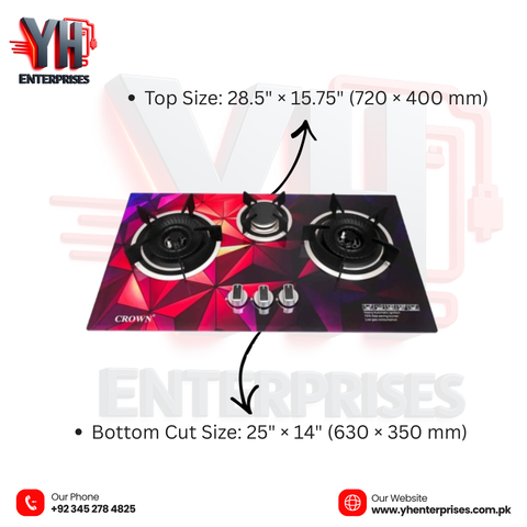 Crown CR-23G Built-In Gas Hob – 3 Burner Glass Cooktop with Auto Ignition