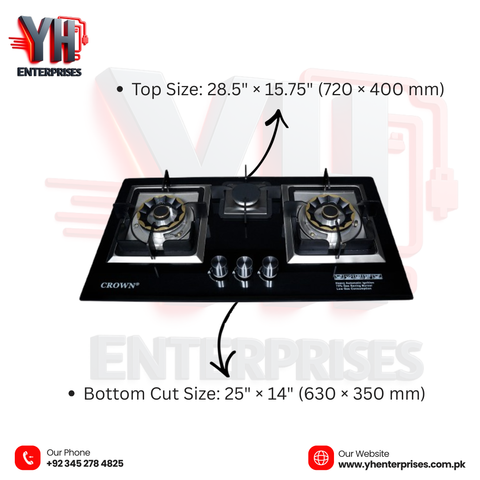 Crown CR-16G Built-In Gas Hob – 3 Burner Tempered Glass Cooktop with Auto Ignition