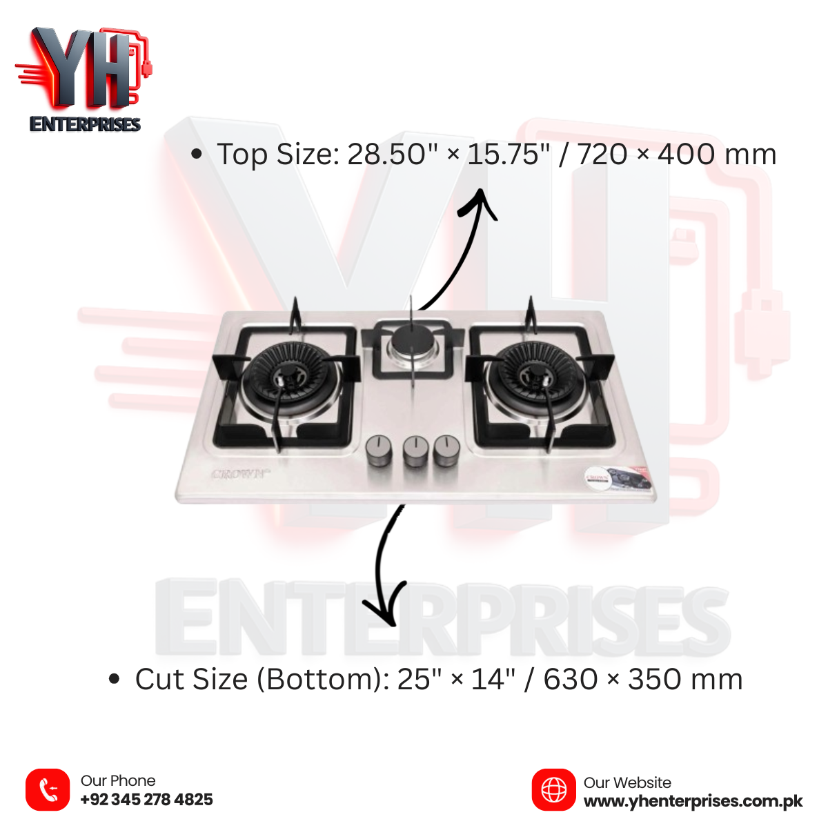 Crown CR-13S Built-In Gas Hob – 3 Burner Stainless Steel Cooktop with Auto Ignition