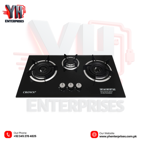 Crown CR-21G Built-In Gas Hob – 3 Burner Tempered Glass Cooktop with Auto Ignition