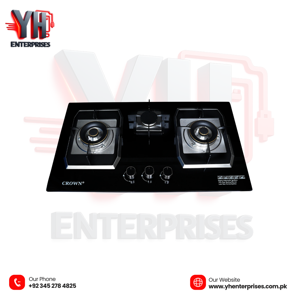 Crown CR-19G Built-In Gas Hob – 3 Burner Tempered Glass Cooktop with Auto Ignition for Modern Kitchens | 1-Year Brand Warranty - YH Enterprises