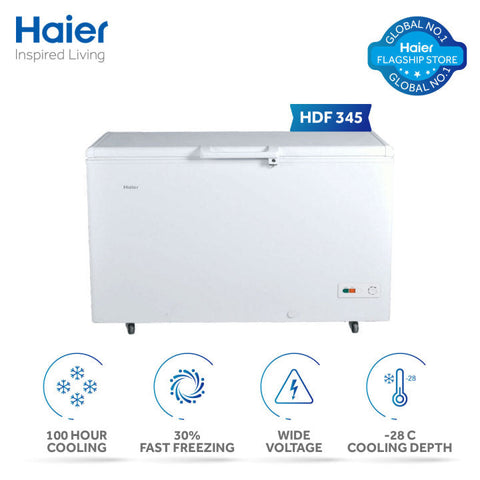 Haier Deep Freezer 13 Cu Ft/Turbo Cool/Single Door/HDF-345 SD (100 Hour Cooling Retention/ 30% Fast Freezing/ Wide Voltage/ -28 c Cooling Depth / Ref & DF Adjustable ) White Colour Deep Freezer/10 Years Warranty
