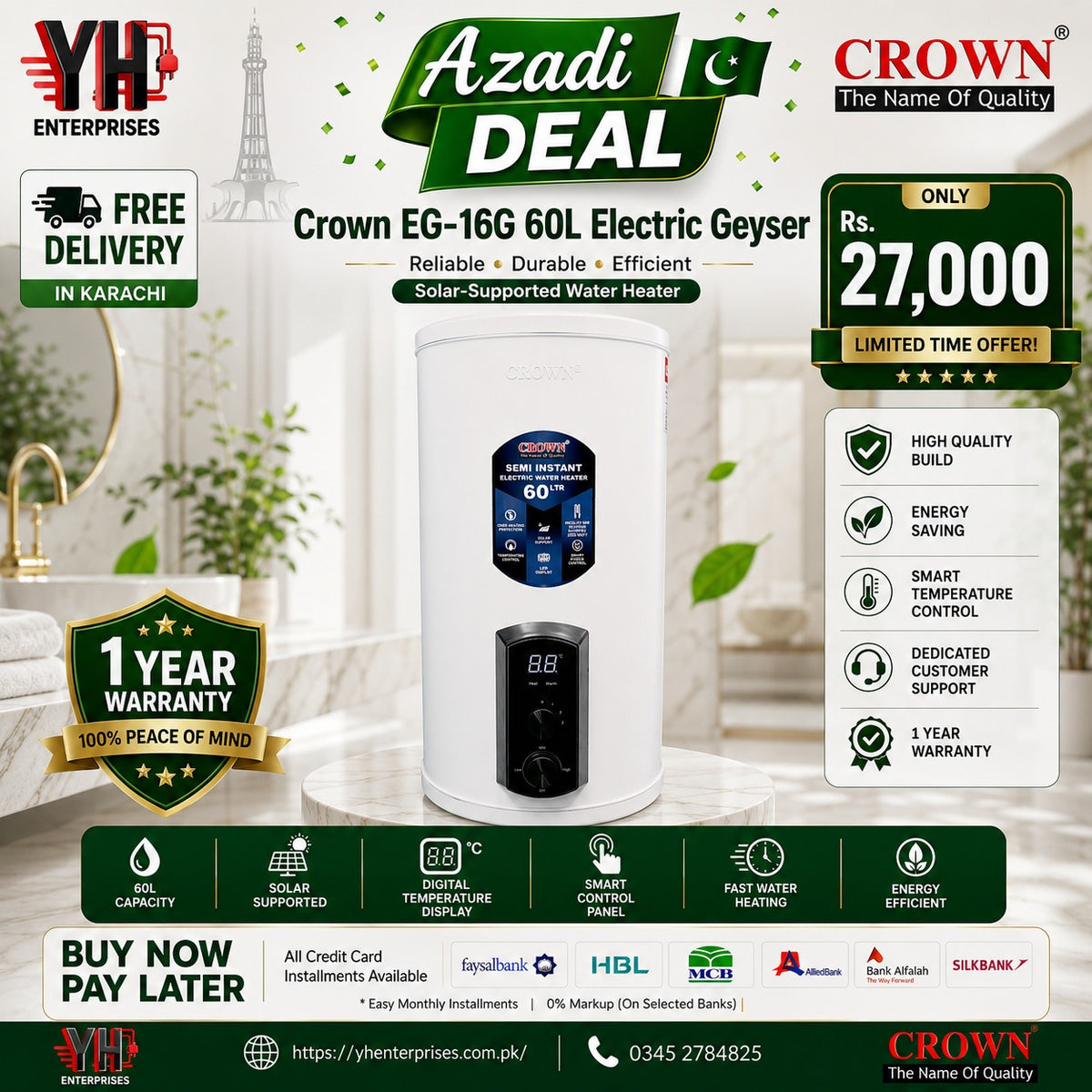 Crown EG-16G 60L Digital Electric Geyser – Solar Supported | Heavy-Duty Performance