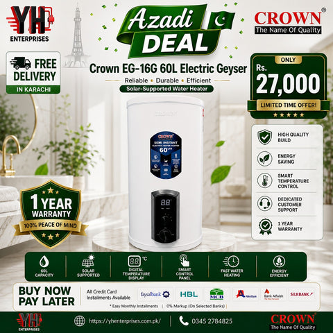 Crown EG-16G 60L Digital Electric Geyser – Solar Supported | Heavy-Duty Performance