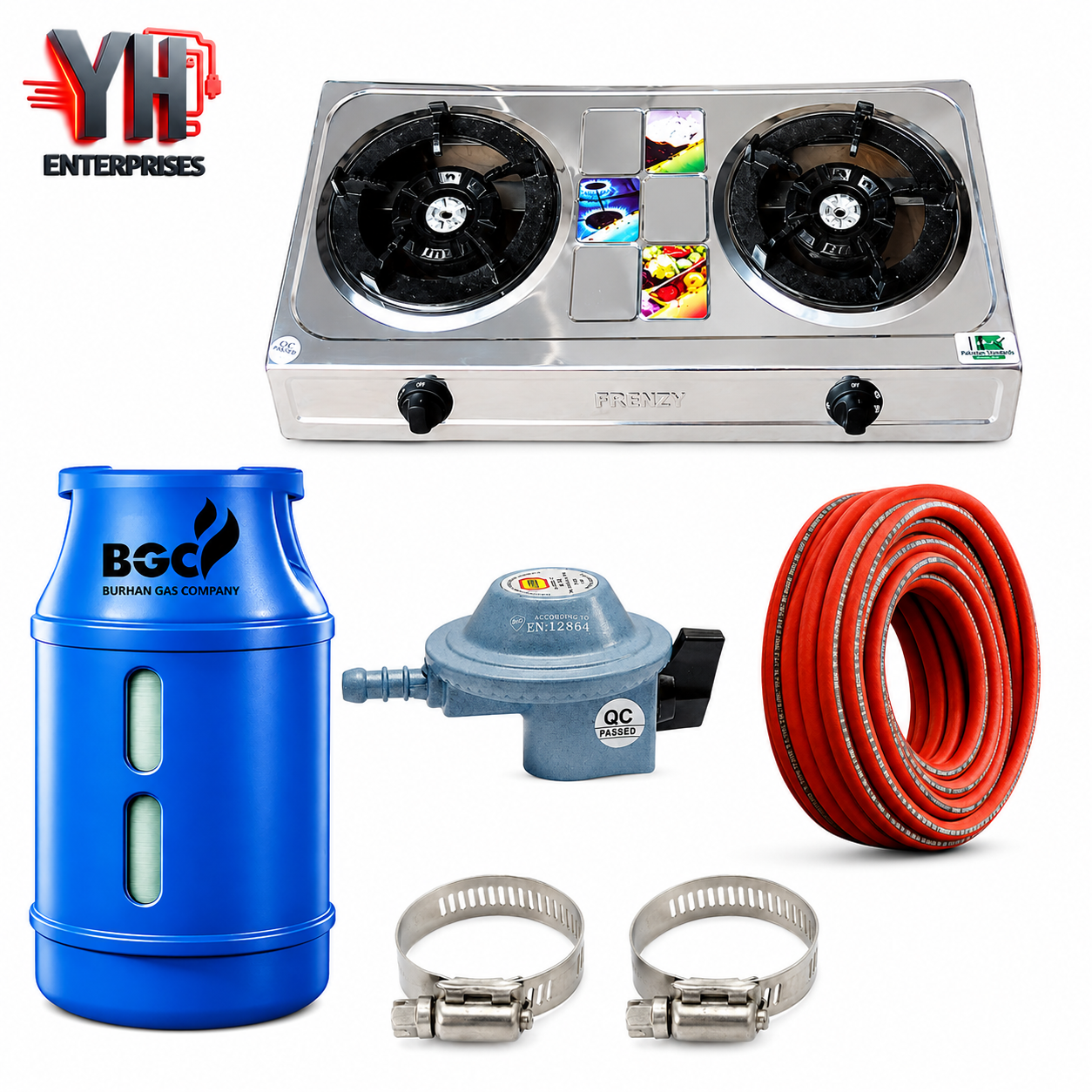 BGC Fiber Cylinder 10KG Package with 3 Star Regulator, Gas Pipe, 2 Clips & Crown Double Burner Stove | YH Enterprises