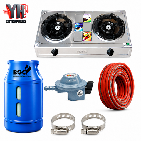 BGC Fiber Cylinder 10KG Package with 3 Star Regulator, Gas Pipe, 2 Clips & Crown Double Burner Stove | YH Enterprises