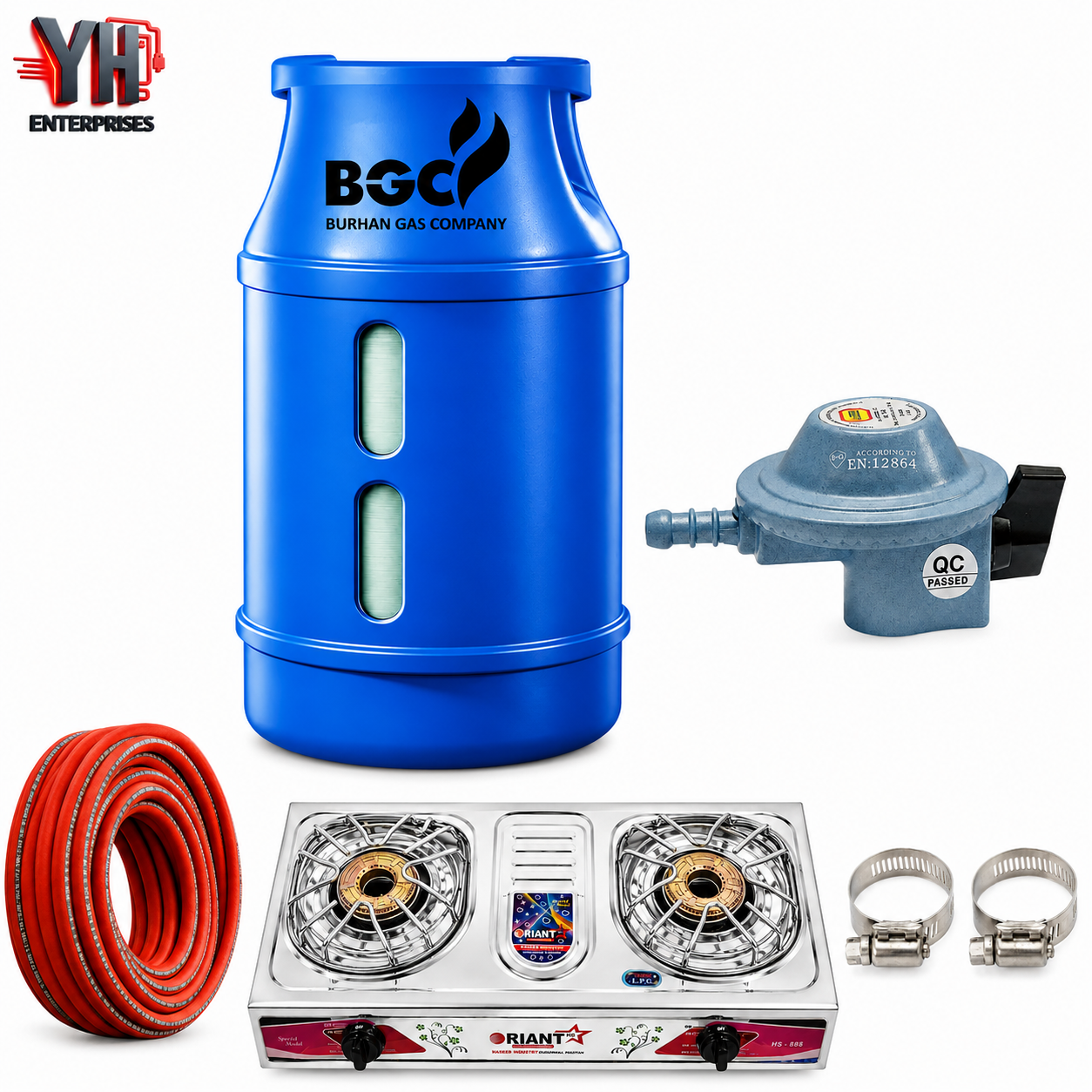 BGC Fiber Cylinder 10KG Complete Package with Regulator, Gas Pipe, Jubilee Clips & Orient Double Burner LPG Stove | YH Enterprises