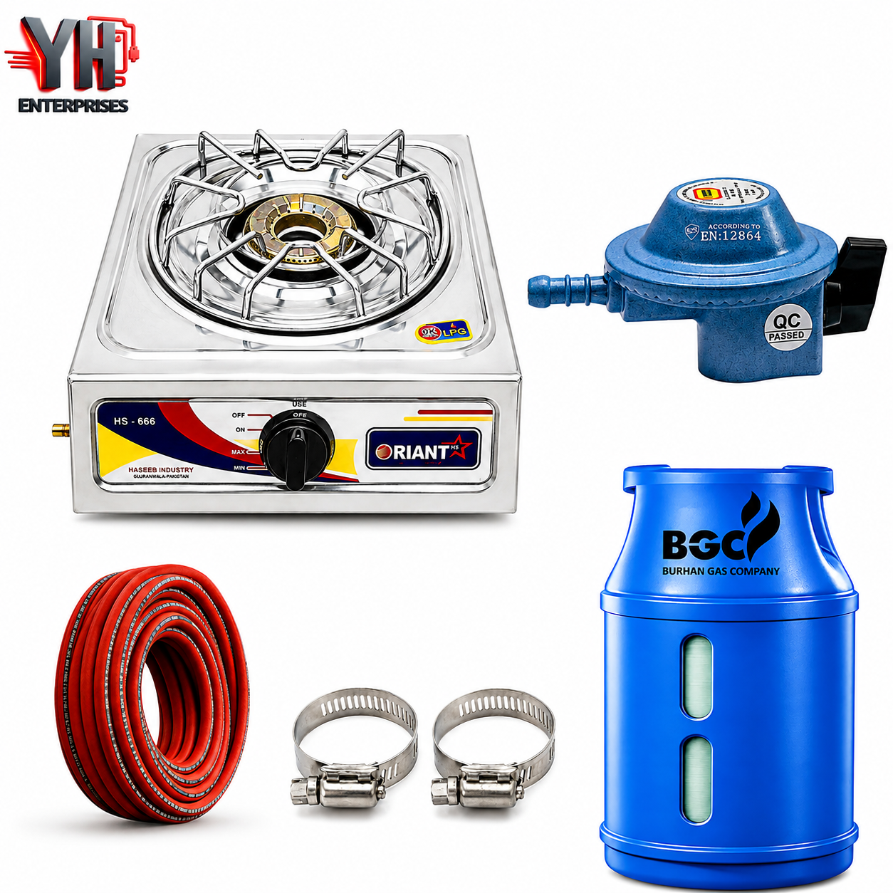BGC Fiber Cylinder 10KG Package with 3 Star Regulator, Gas Pipe, Clips & Orient Single Burner LPG Stove | YH Enterprises