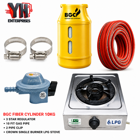 BGC Fiber Cylinder 10KG Package with Regulator, LPG Pipe, 2 Clips & Crown Single Burner Stove | YH Enterprises