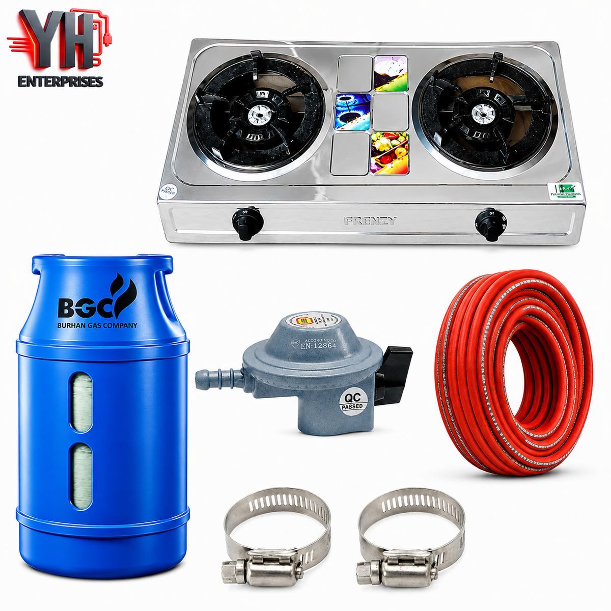 BGC Fiber Cylinder 13KG Package with 3 Star Regulator, Gas Pipe, 2 Clips & Crown Double Burner Stove | YH Enterprises