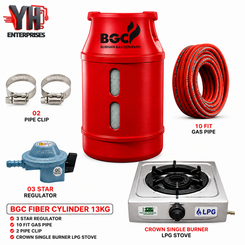 BGC Fiber Cylinder 13KG Package with Regulator, LPG Pipe, 2 Clips & Crown Single Burner Stove | YH Enterprises