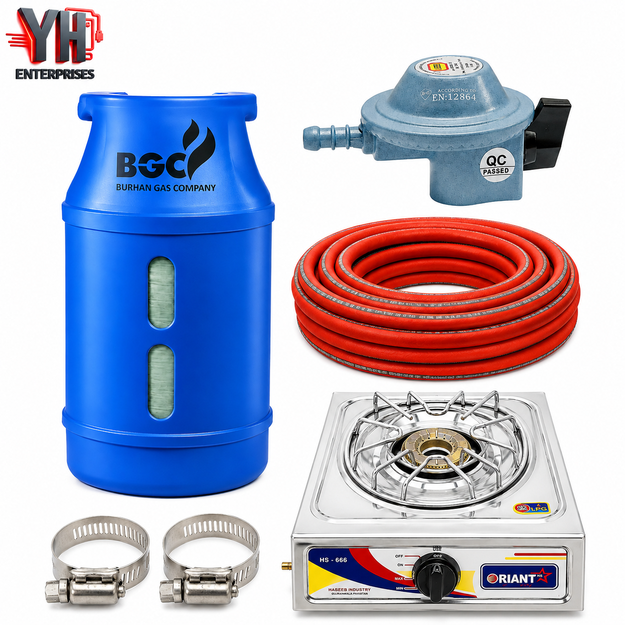 BGC Fiber Cylinder 13KG Package with 3 Star Regulator, Gas Pipe, Clips & Orient Single Burner LPG Stove | YH Enterprises