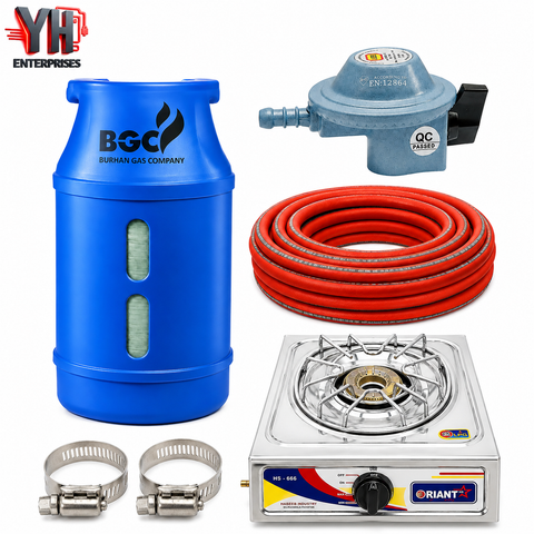 BGC Fiber Cylinder 13KG Package with 3 Star Regulator, Gas Pipe, Clips & Orient Single Burner LPG Stove | YH Enterprises