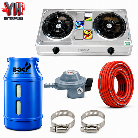 BGC Fiber Cylinder 13KG Package with 3 Star Regulator, Gas Pipe, 2 Clips & Crown Double Burner Stove | YH Enterprises