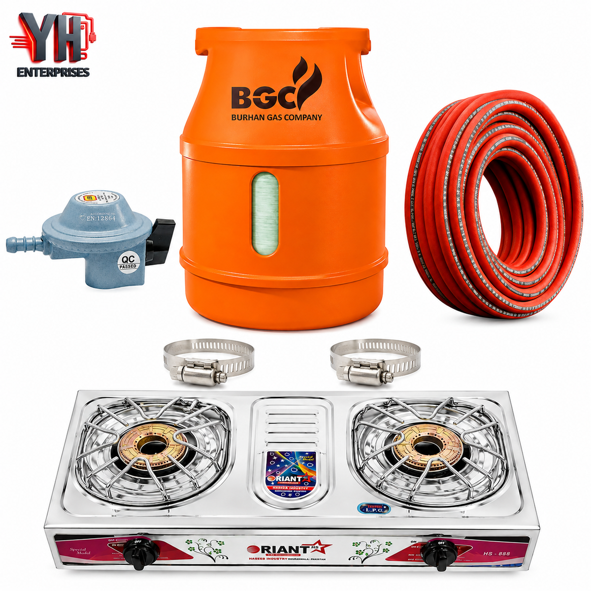 BGC Fiber Cylinder 5KG Complete Package with Regulator, Gas Pipe, Jubilee Clips & Orient Double Burner LPG Stove | YH Enterprises