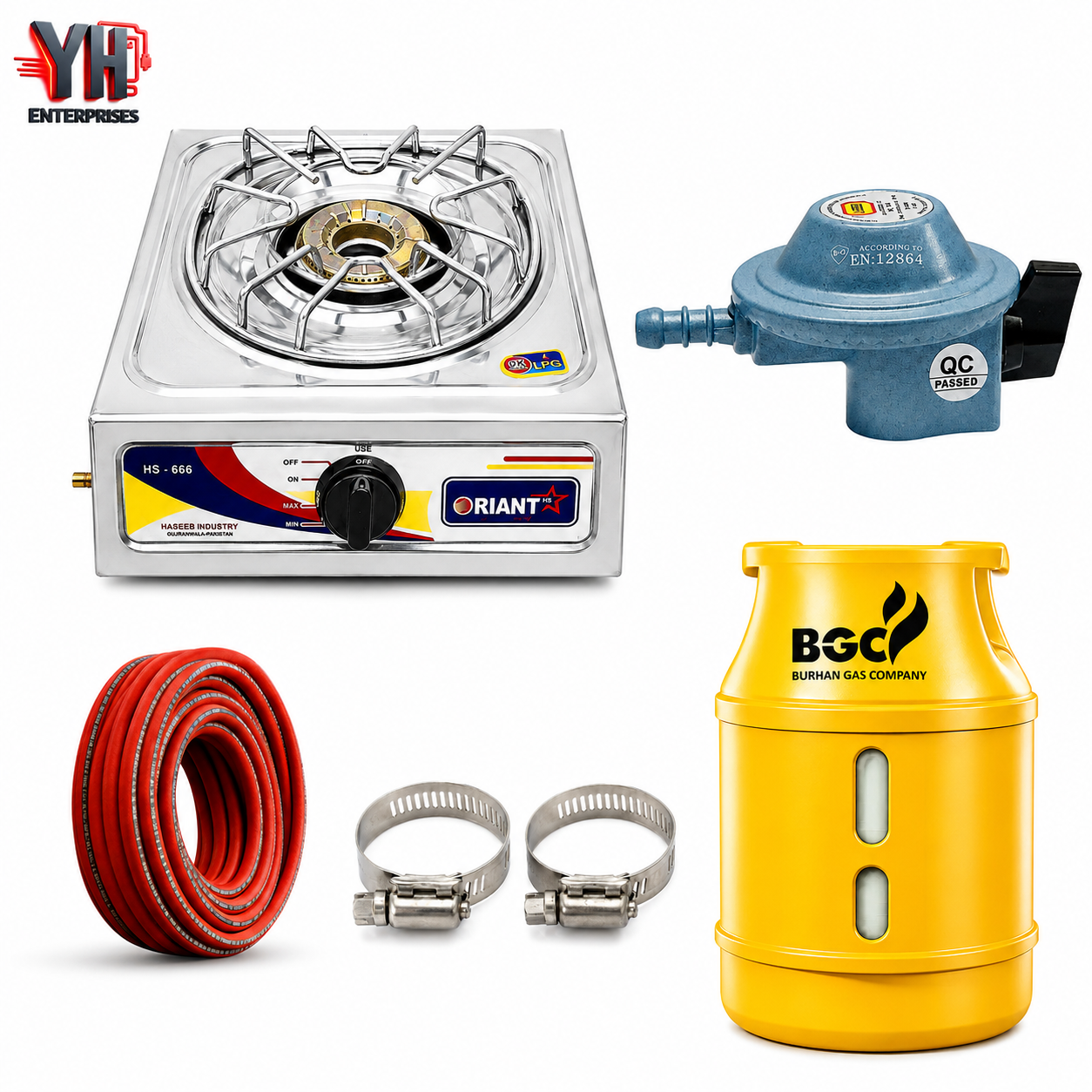 BGC Fiber Cylinder 5KG Package with 3 Star Regulator, Gas Pipe, Clips & Orient Single Burner LPG Stove | YH Enterprises