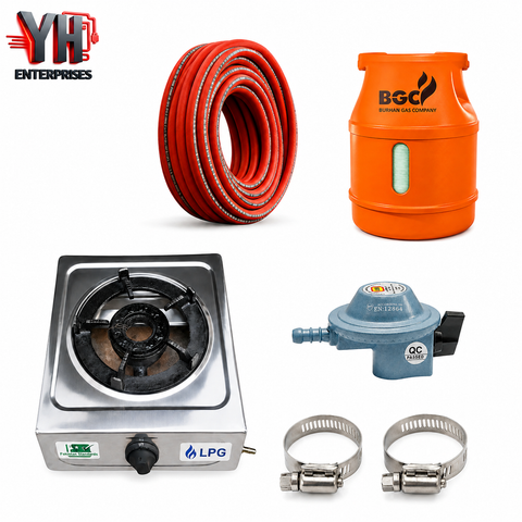 BGC Fiber Cylinder 5KG Package with Regulator, LPG Pipe & Crown Single Burner Stove | YH Enterprises