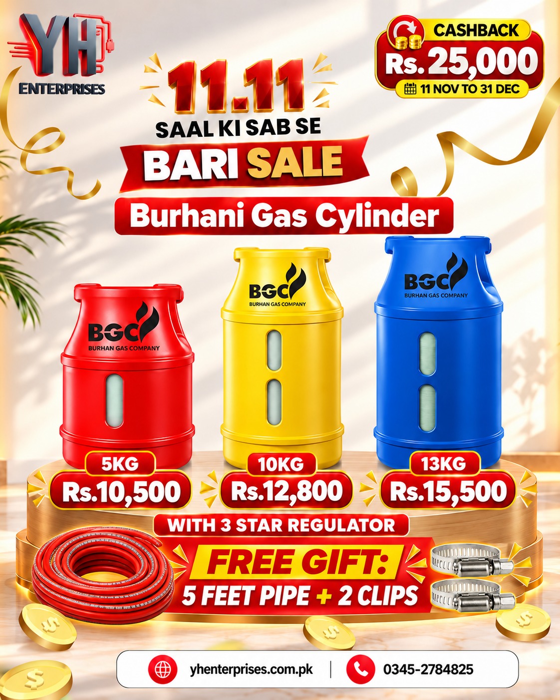 BGC Fiber LPG Gas Cylinder 5KG 10KG 13KG with 3 Star Regulator, Free 5 Feet Gas Pipe and 2 Jubilee Clips