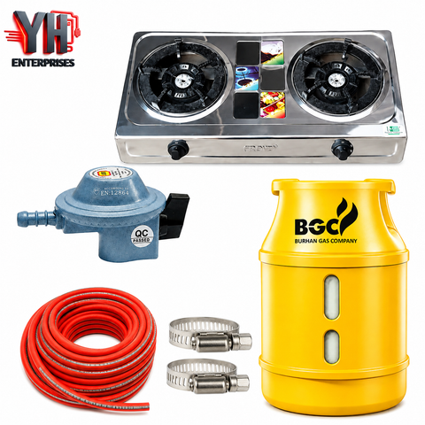 BGC Fiber Cylinder 5KG Complete Package with 3 Star Regulator, Gas Pipe & Crown Double Burner Stove
